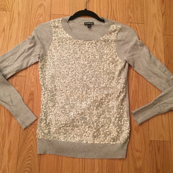 Gray Sequin-Front Fitted Crew Neck Cotton Sweater - Size XS - Picture 3 of 8